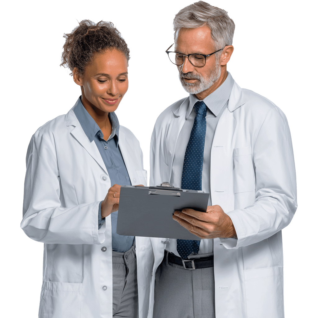 Medical professionals reviewing assessment documentation during an independent medical evaluation